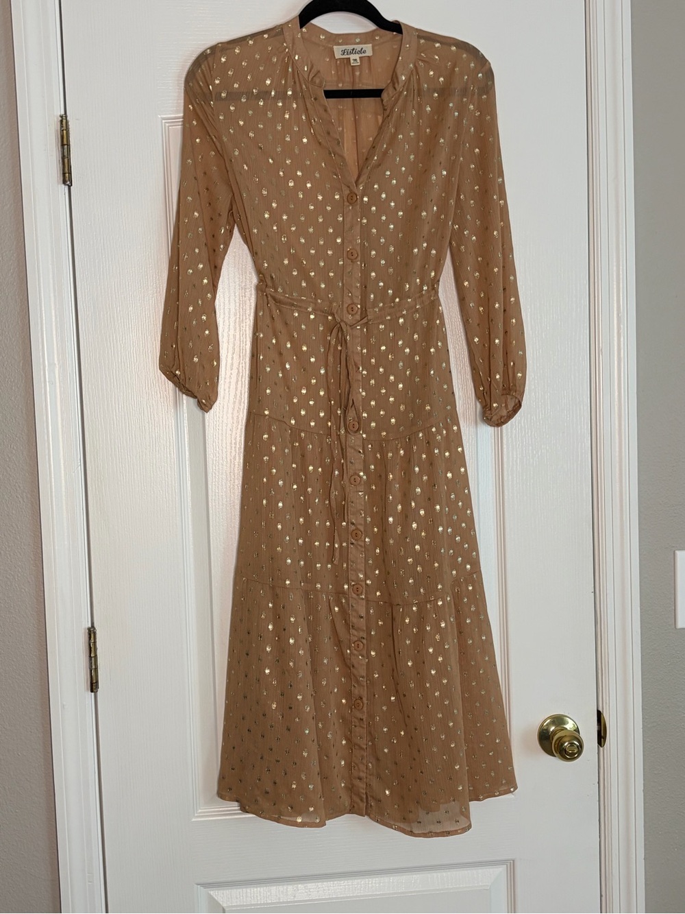 Tan and Metallic Gold Dot Tired Listicle Midi Dress